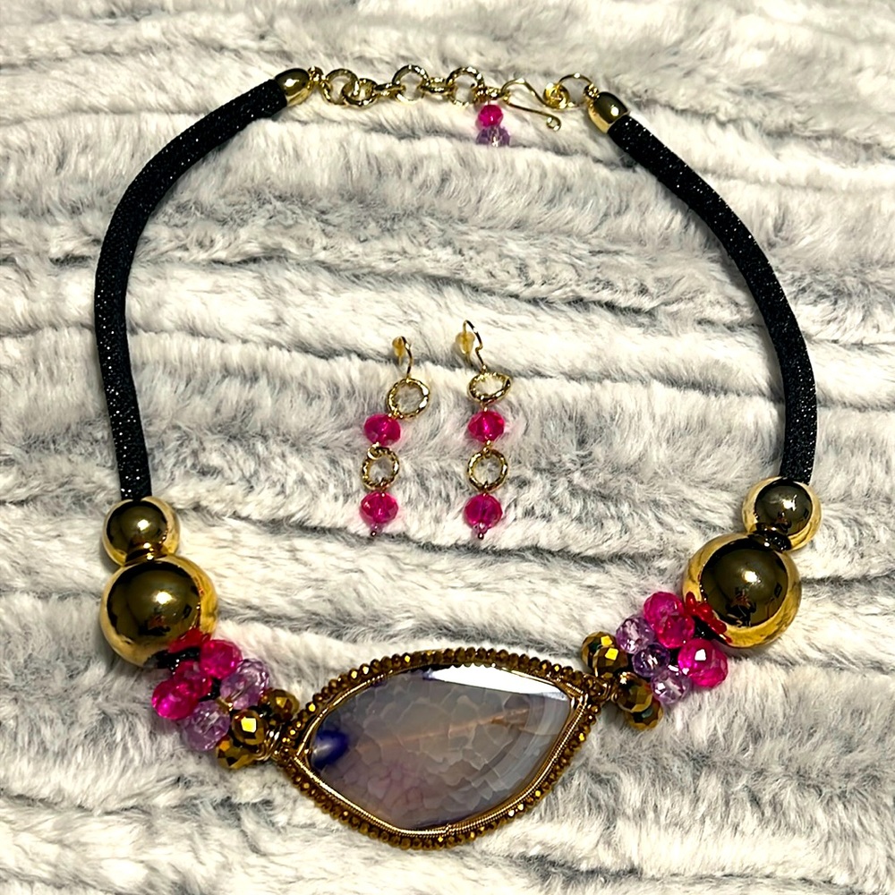 Artisan jeweler custom one of a kind short necklace & earrings set. Center gem.